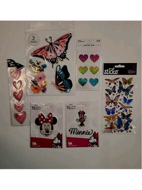Minnie Mouse, Butterfly, Hearts Iron On Patch/Sticker Set Of 6, NEW